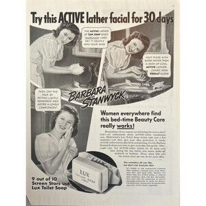 LUX Toilet Soap "Barbara Stanwyck: Men Adore a Lovely Complexion" Print Ad 1940